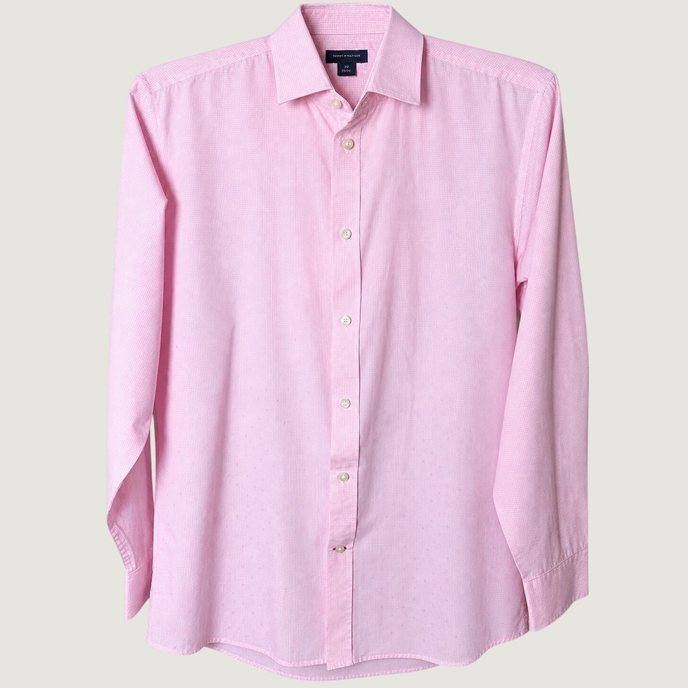 Tommy Hilfiger Button Down Shirt Boys Youth 20 Pink Gingham Cotton Long Sleeve